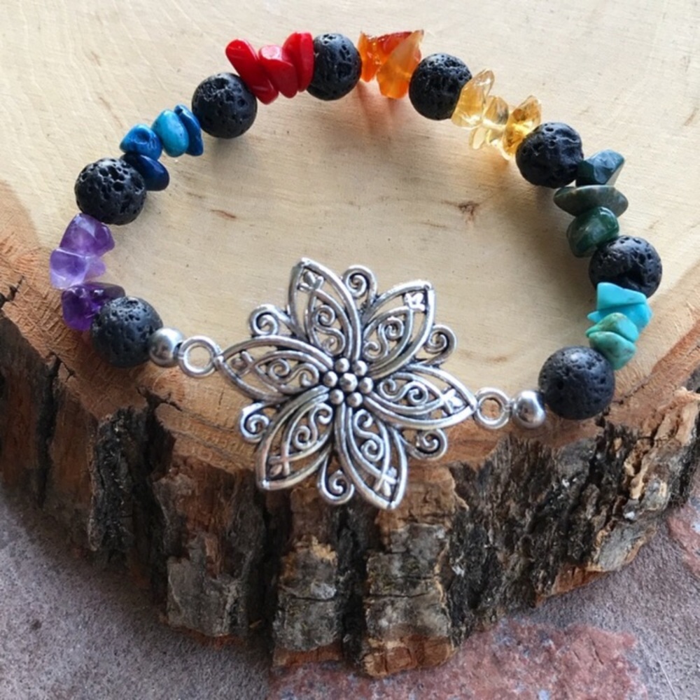 Genuine gemstones big silver lotus flower bracelet